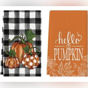 Buffalo Plaid Hello Pumpkin Fall Kitchen Dish Towels, 18x26” Set of 2